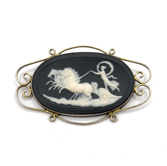 Antique Edwardian Jasperware Brooch: Sterling Silver Chariot, Gold Wash