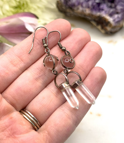 Vintage Pool of Light Drop quartz Crystal Drop Earrings in Sterling Silver