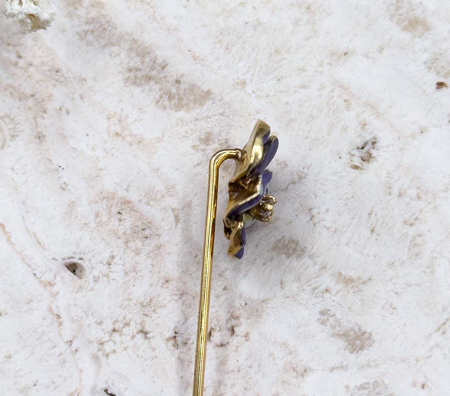 Victorian Pansy Stickpin with Antique Diamond in 14K Yellow Gold Purple Enamel