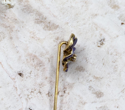 Victorian Pansy Stickpin with Antique Diamond in 14K Yellow Gold Purple Enamel
