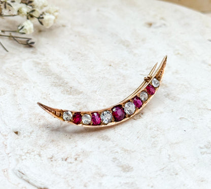 Victorian Crescent Moon Brooch with Red and White Gems in 10K Yellow Gold
