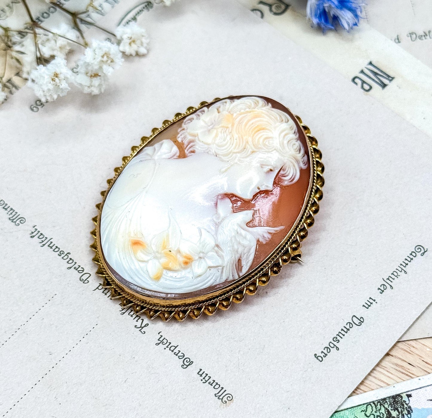 Antique Carved Shell Cameo Brooch in 14K Yellow Gold Lady with Bird