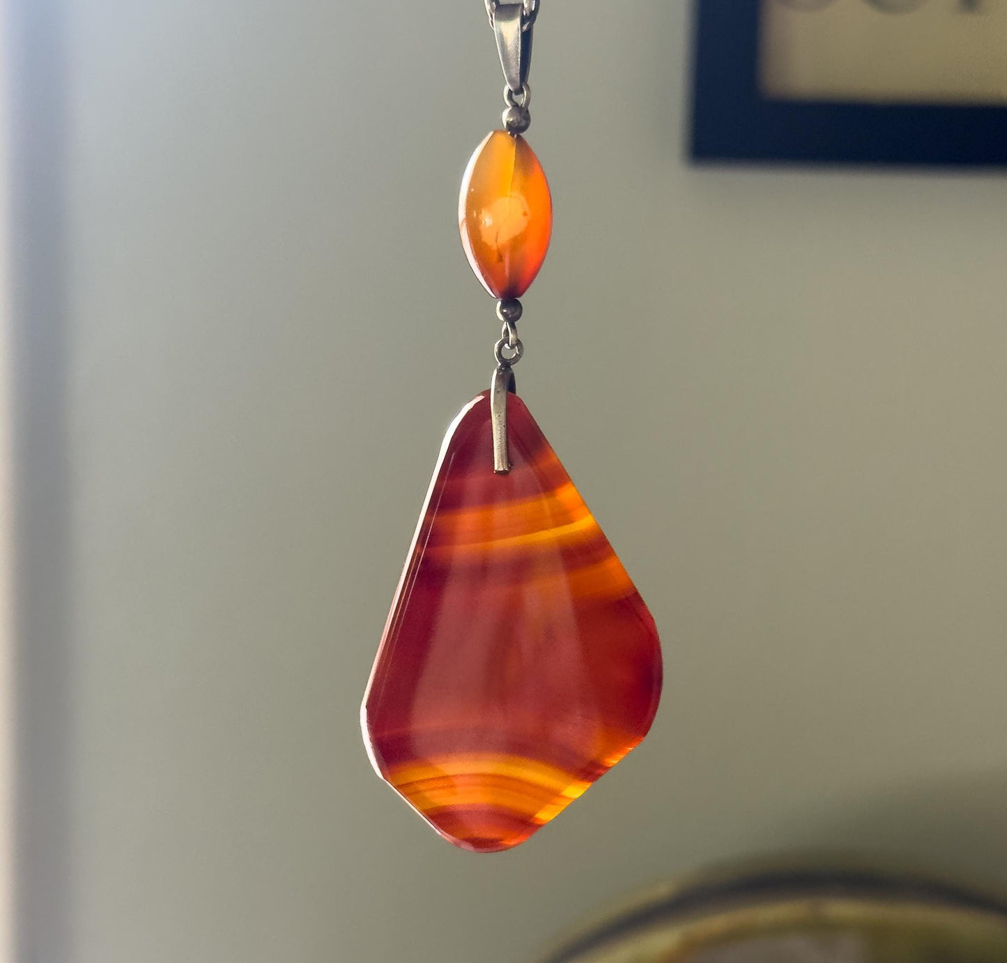 Vintage Banded Agate Freeform Stone pendant necklace in Sterling Silver