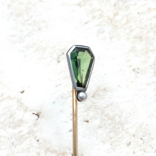 shield shaped antique tourmaline and pearl stick pin in green