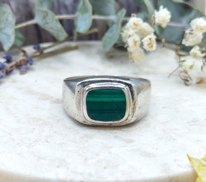 Vintage Mens Malachite Sterling Silver Signet Ring Large