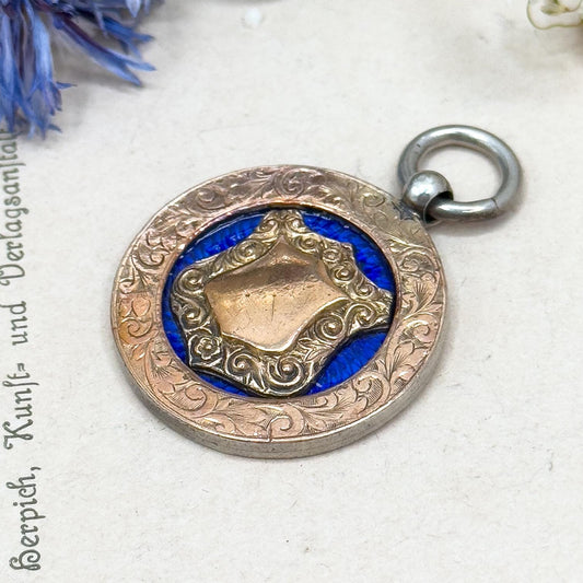 Antique Blue Guilloche Enamel Shield Fob: Sterling Silver & Gold, Hallmarked 1907