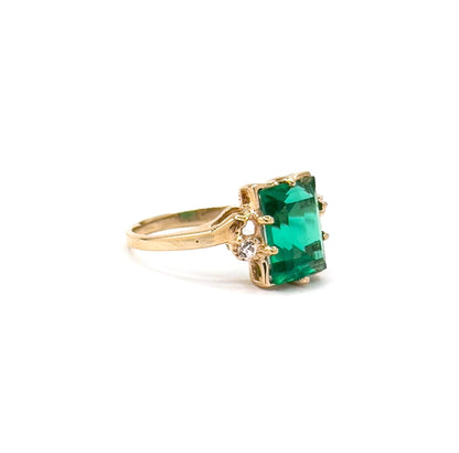 Vintage 10K Gold Green Paste Emerald Cut Ring - White Topaz Accents