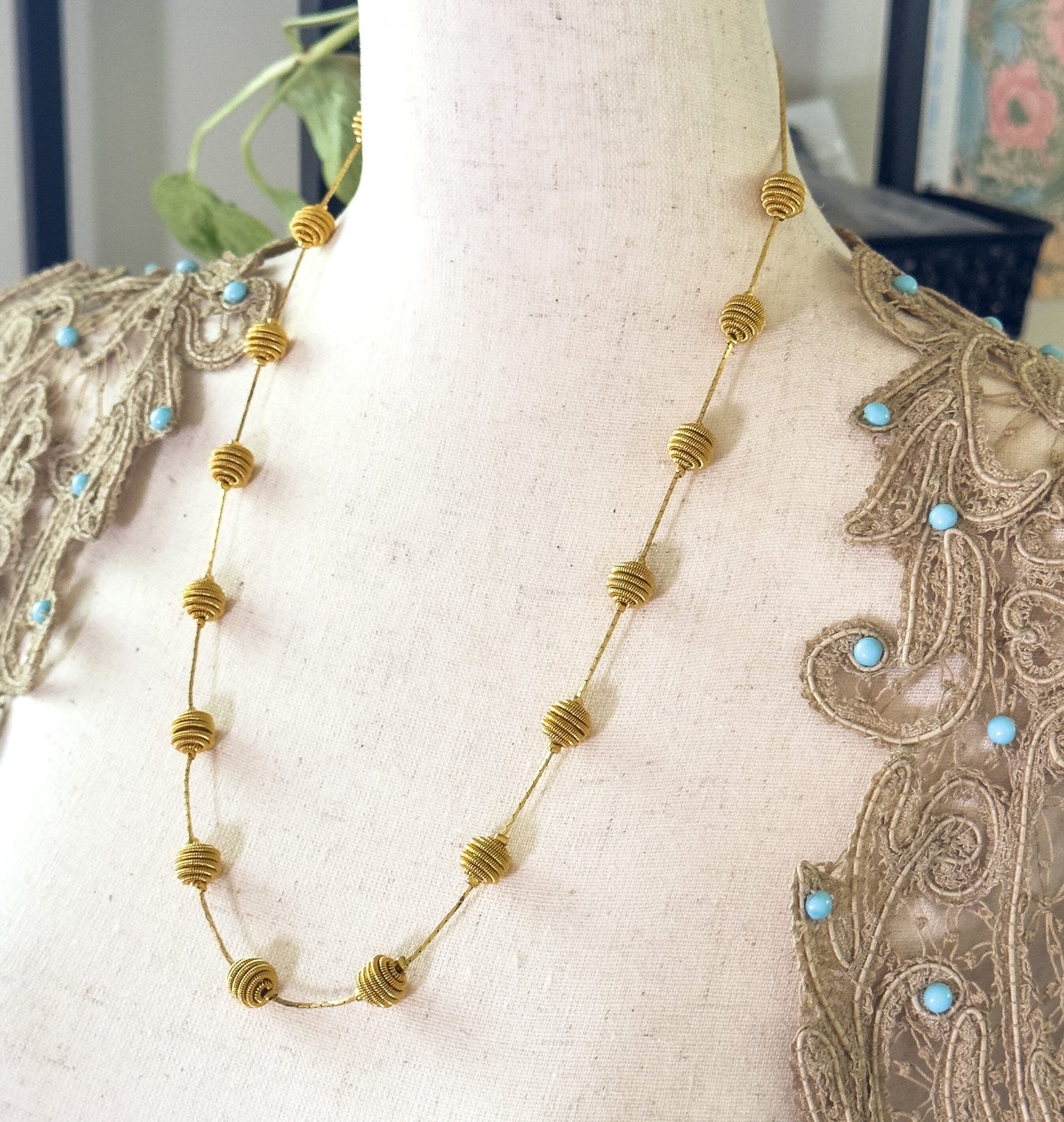 Fun Vintage Gold Beaded Necklace Wire Wrap Beaded Necklace Long Necklace 24in long Vintage Bead Necklace Neck Stack necklace Textured Beaded