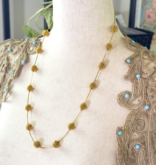 Fun Vintage Gold Beaded Necklace Wire Wrap Beaded Necklace Long Necklace 24in long Vintage Bead Necklace Neck Stack necklace Textured Beaded