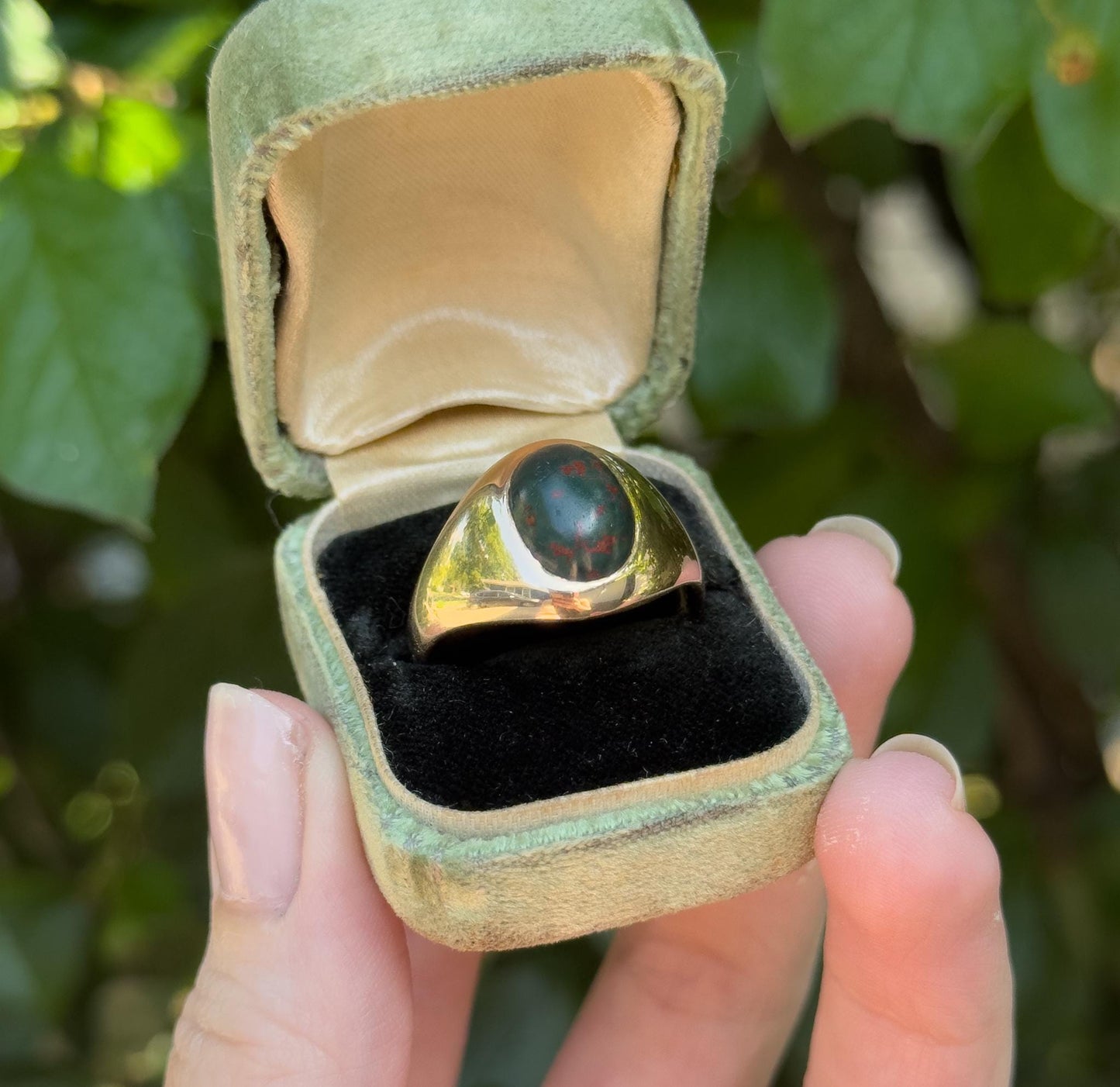 Vintage Bloodstone Cabochon Signet Ring in 10K Yellow Gold