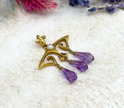 Antique Art Nouveau Pendant w Amethyst Briolette Drops in 14K Yellow Gold Jugenstil