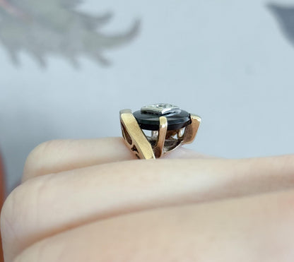 Vintage Onyx & Diamond Ring in 10K Yellow Gold Bypass Ring Florentine gold textured