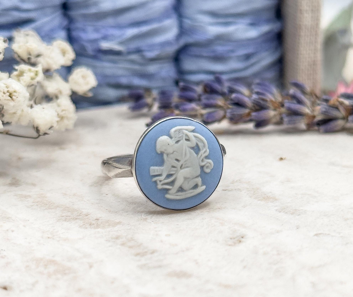 Vintage Wedgewood Ring in Sterling Silver with Cupid Camoe