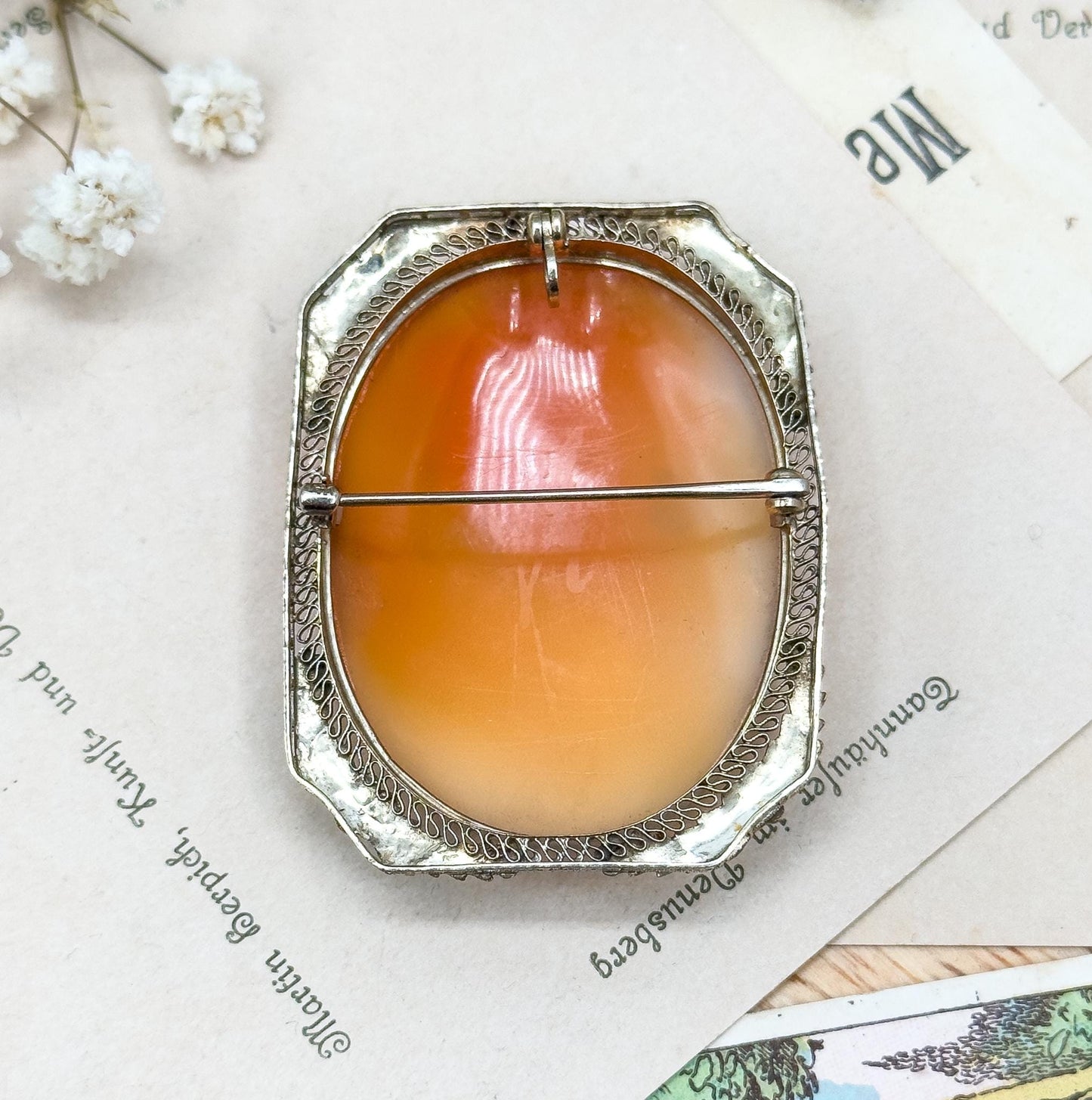 Edwardian Carved Cameo Flora in White Gold w Enamel Details