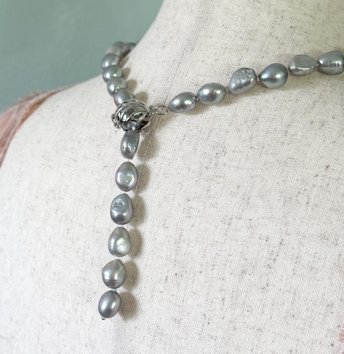 Beautiful Grey Pearl Necklace Baroque Freshwater Pearl Strand w Sterling Clasp