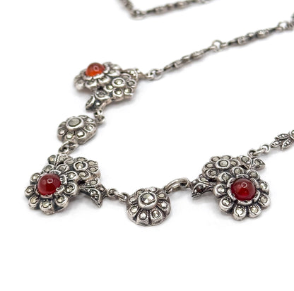 Antique Art Deco Carnelian & Marcasite Sterling Silver Floral Necklace