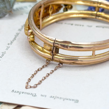 Antique 9ct Gold Garnet Bangle Bracelet: Victorian Rose Cut Diamond Jewelry