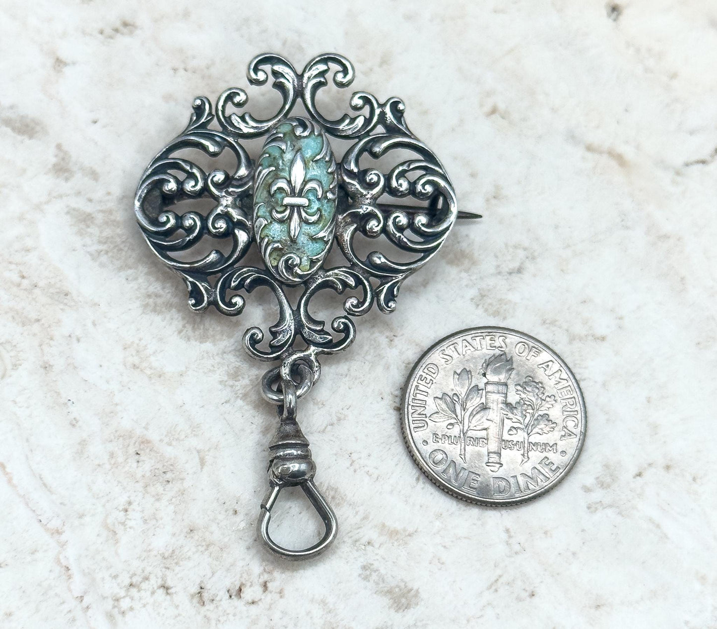 Victorian Watch Pin with Swivel Clasp in Blue Enamel Brooch