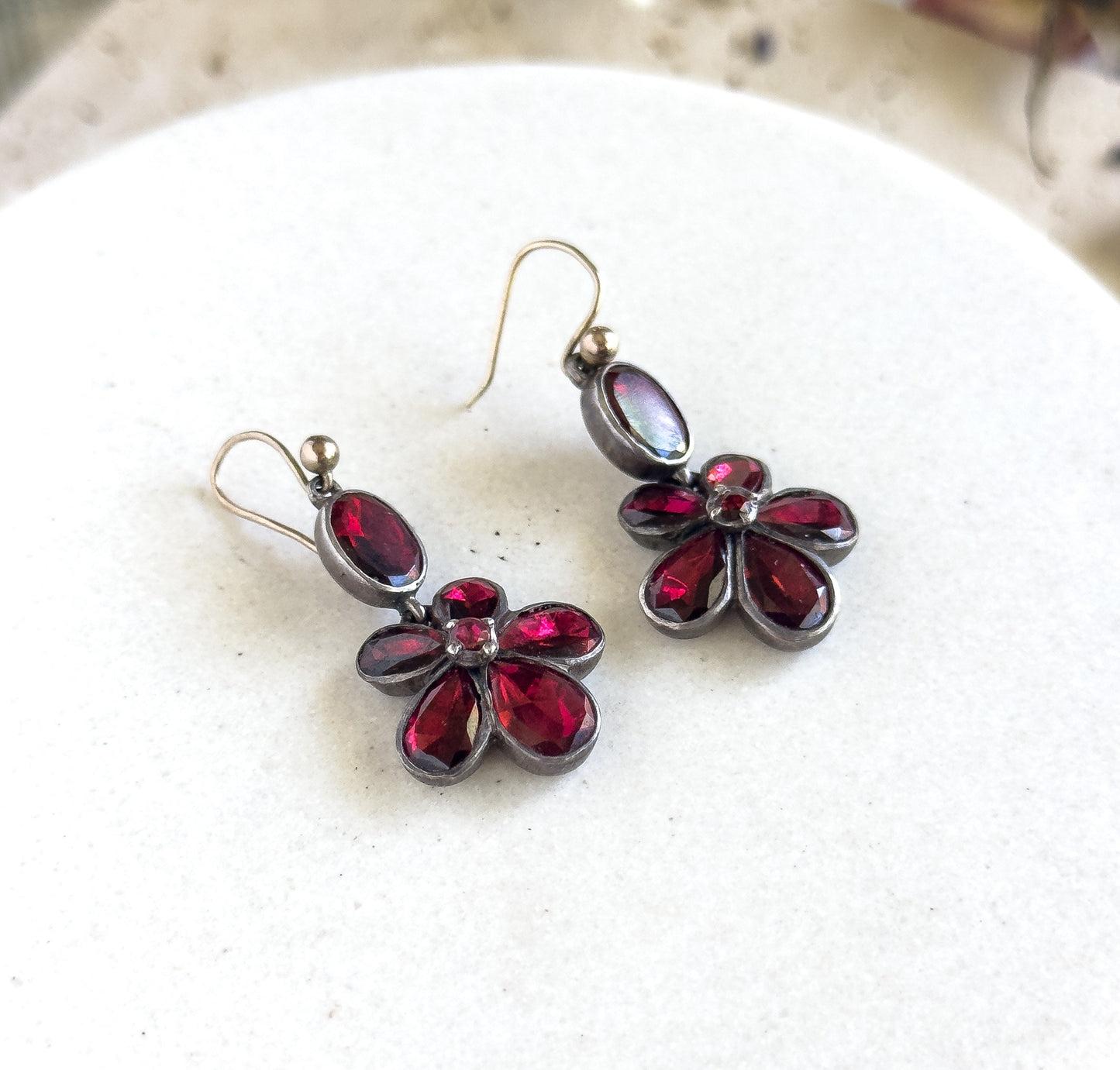 Antique Georgian Garnet Pansy Earrings Flat Cut Garnets