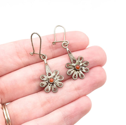 Vintage Flower Filigree Drop Earrings with Red Coral cabochon stamped 800 Silver
