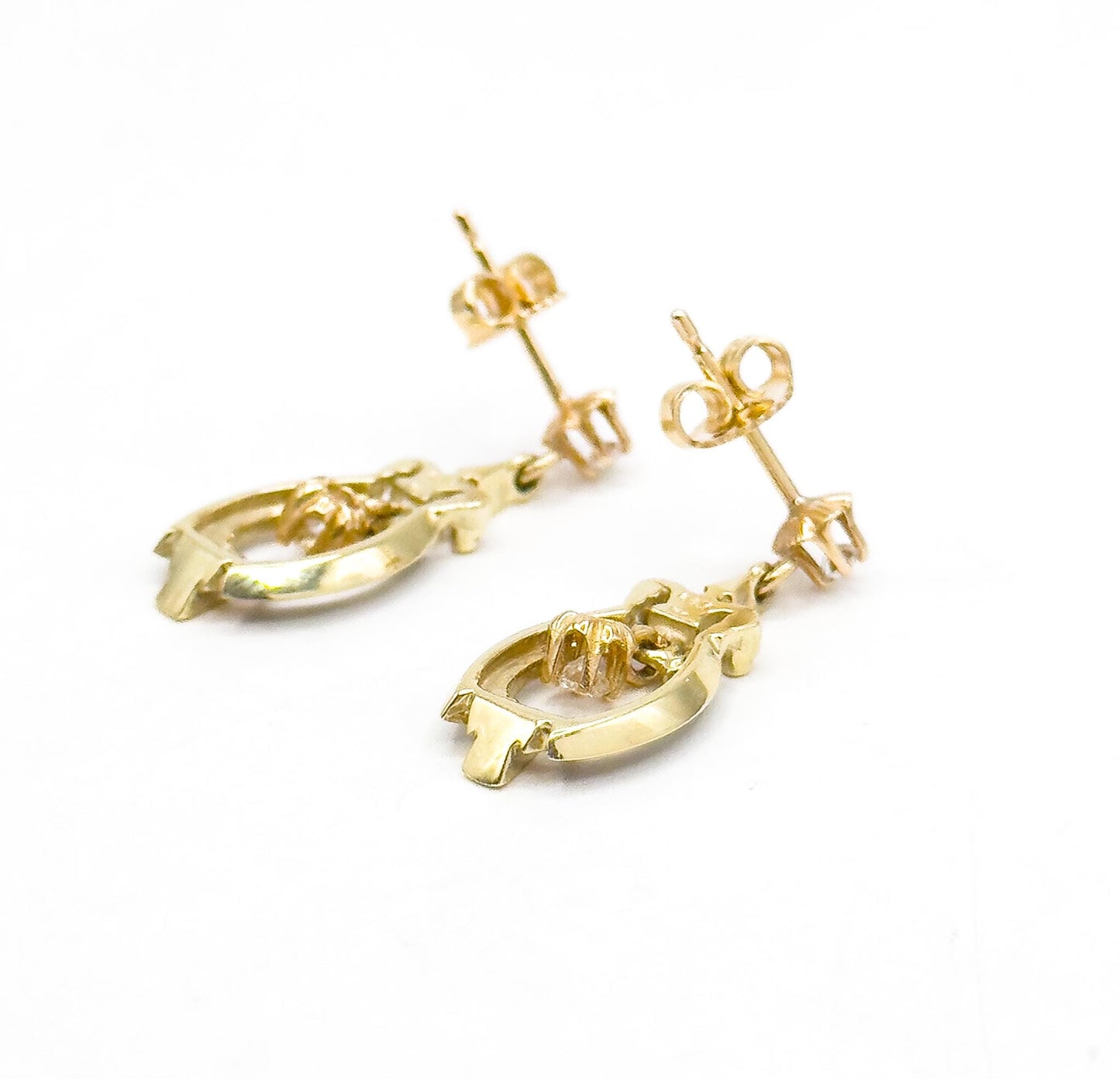 Vintage Diamond Dangle Stud Earrings in Black Enamel 14K Yellow Gold