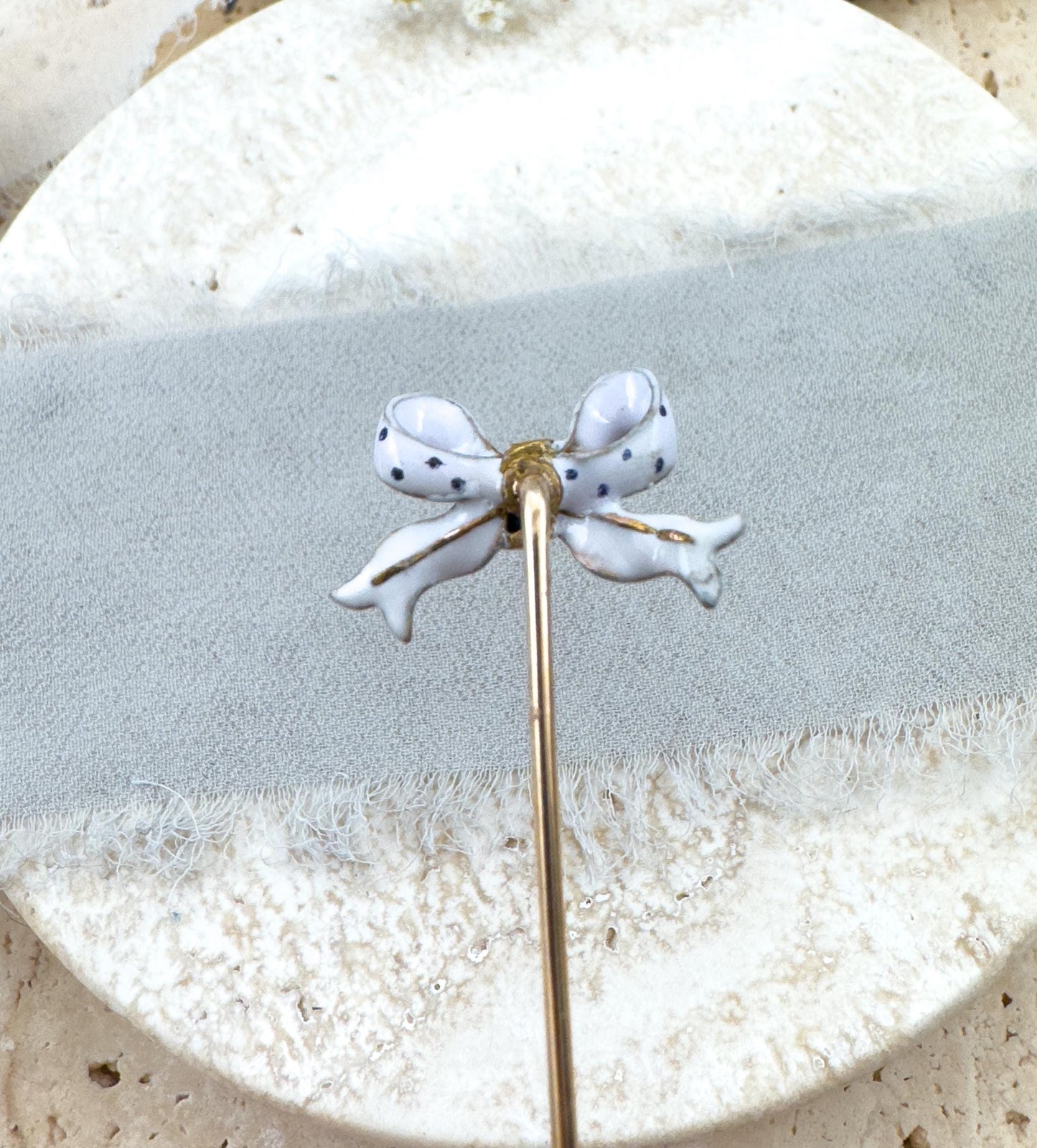 Victorian Bow Pin with Polka Dot Enamel & Seed Pearls in 15K Gold