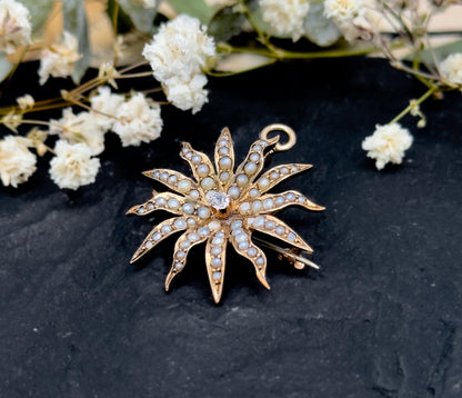 Antique Diamond Star Pendant w Seed Pearls Edwardian 12K Yellow Gold