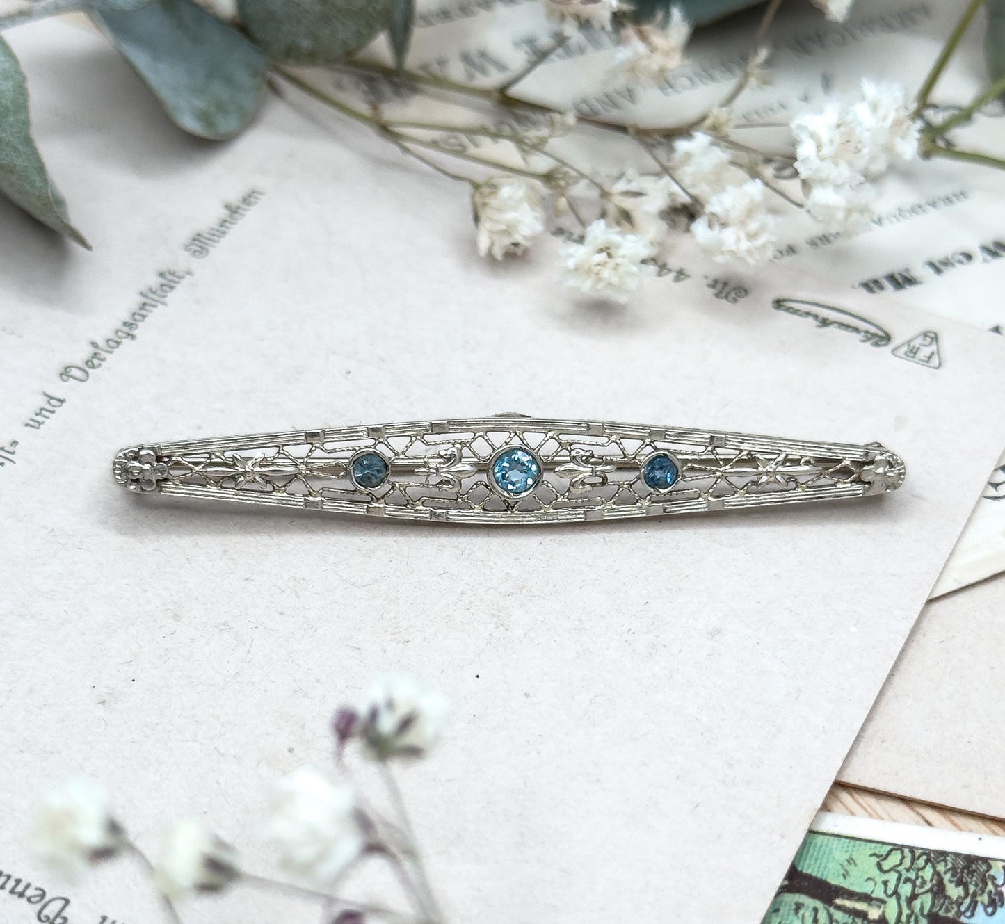 Art Deco Aquamarine Paste Brooch: 14K White Gold Filigree Pin