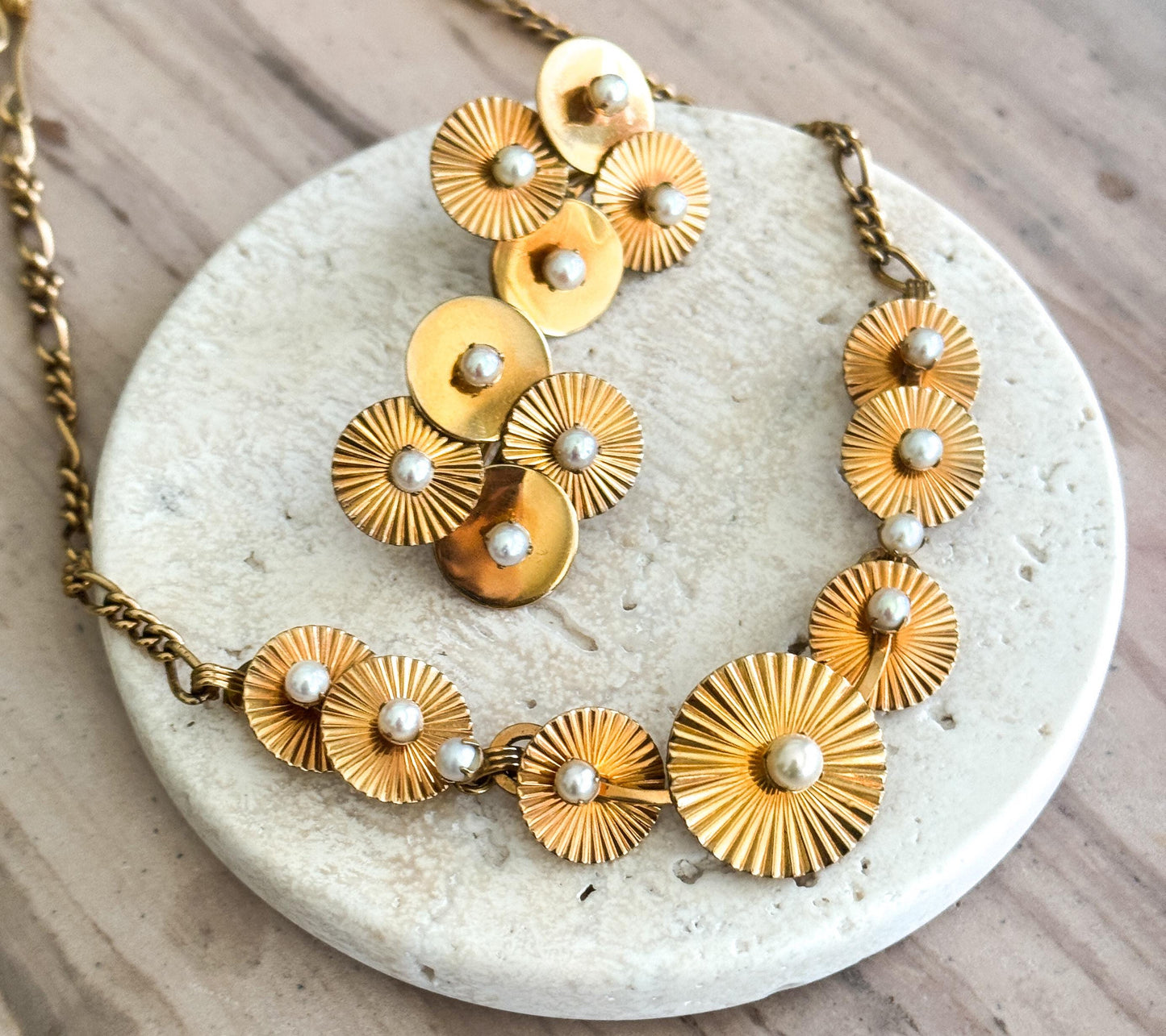 Vintage Midcentury necklace and earring set Engine turned disk necklace with Pearls