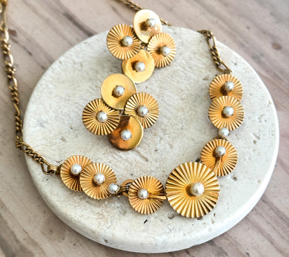Vintage Midcentury necklace and earring set Engine turned disk necklace with Pearls