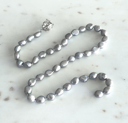 Beautiful Grey Pearl Necklace Baroque Freshwater Pearl Strand w Sterling Clasp