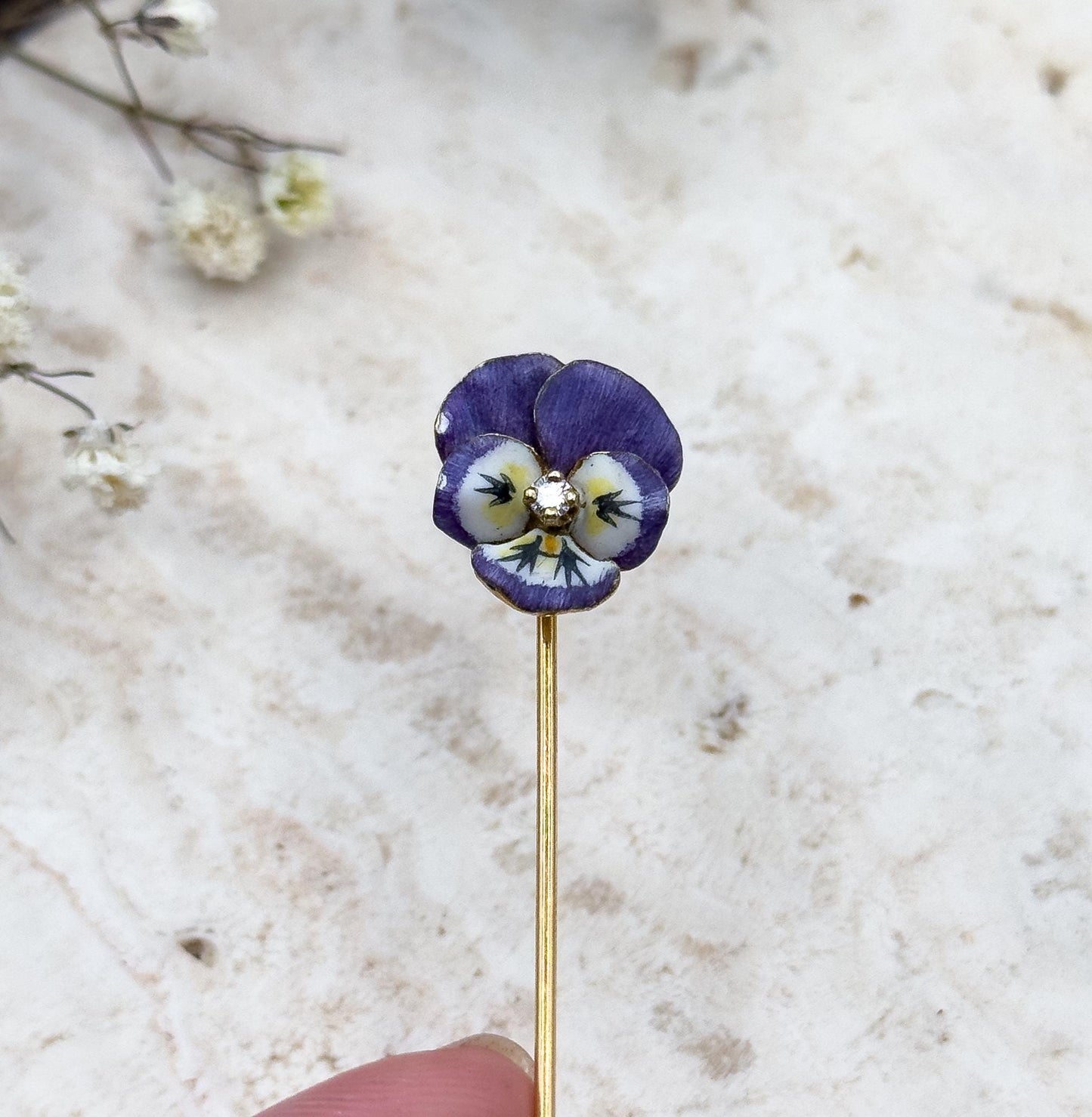 Victorian Pansy Stickpin with Antique Diamond in 14K Yellow Gold Purple Enamel