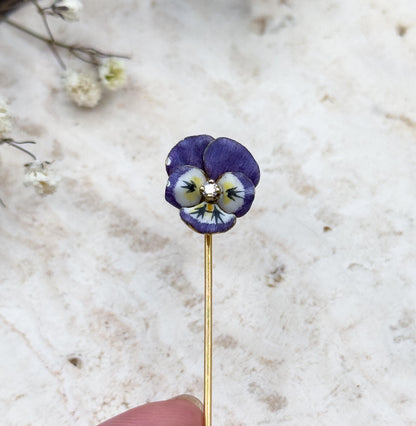 Victorian Pansy Stickpin with Antique Diamond in 14K Yellow Gold Purple Enamel