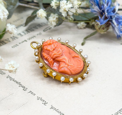 Antique Carved Coral Cameo Pendant Cameo Brooch in 18K Yellow Gold w Seed Pearl halo