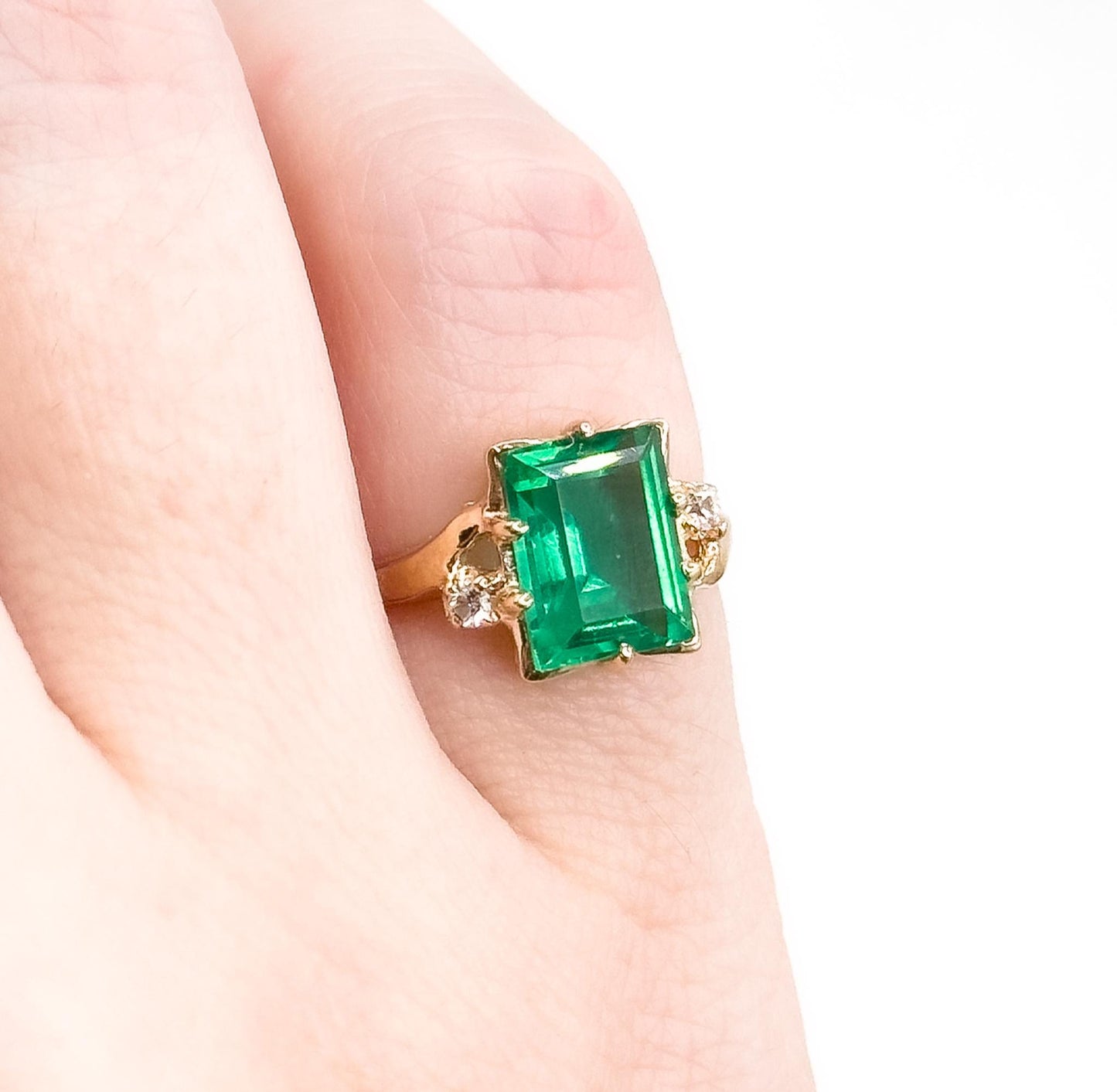 Vintage 10K Gold Green Paste Emerald Cut Ring - White Topaz Accents