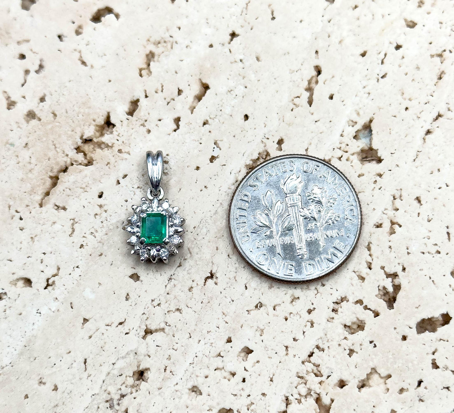 Petite Emerald & Diamond halo Pendant in Platinum