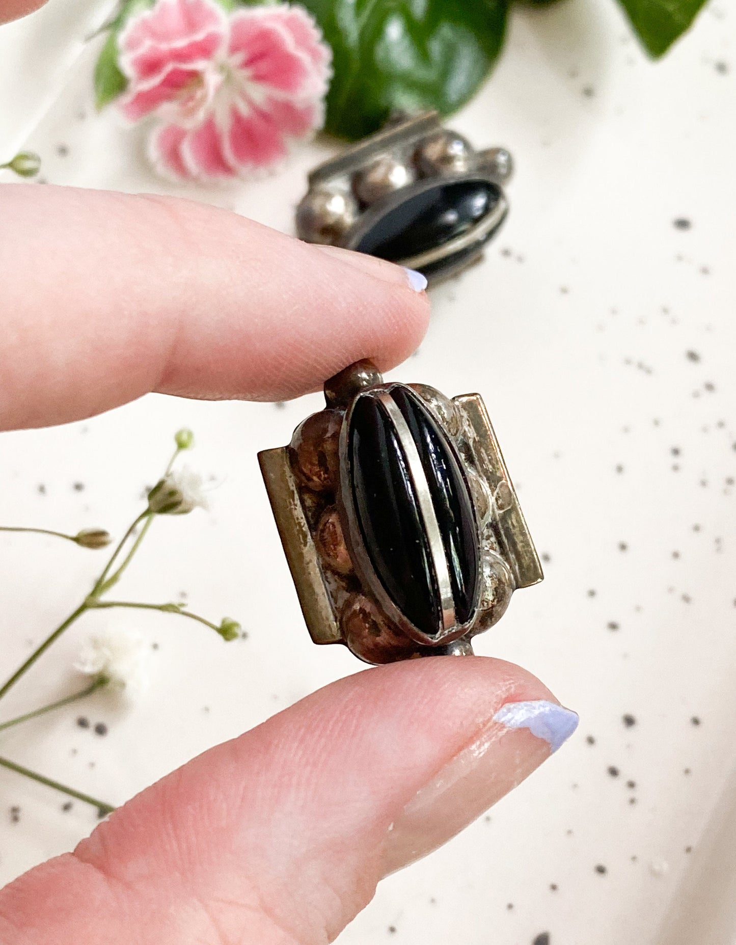 1940s Vintage Chunky Silver and Onyx earrings, screw back, 1930s Mexico
