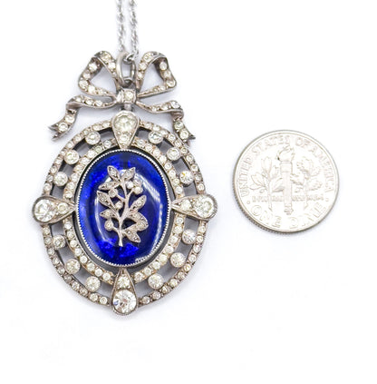 Antique Edwardian Garland Style Bow Necklace with Paste Gems in Silver w Blue Bristol Glass