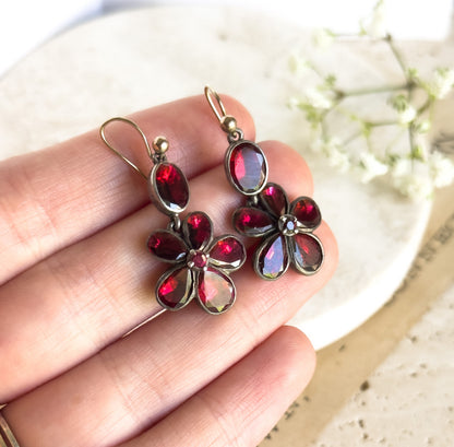 Antique Georgian Garnet Pansy Earrings Flat Cut Garnets