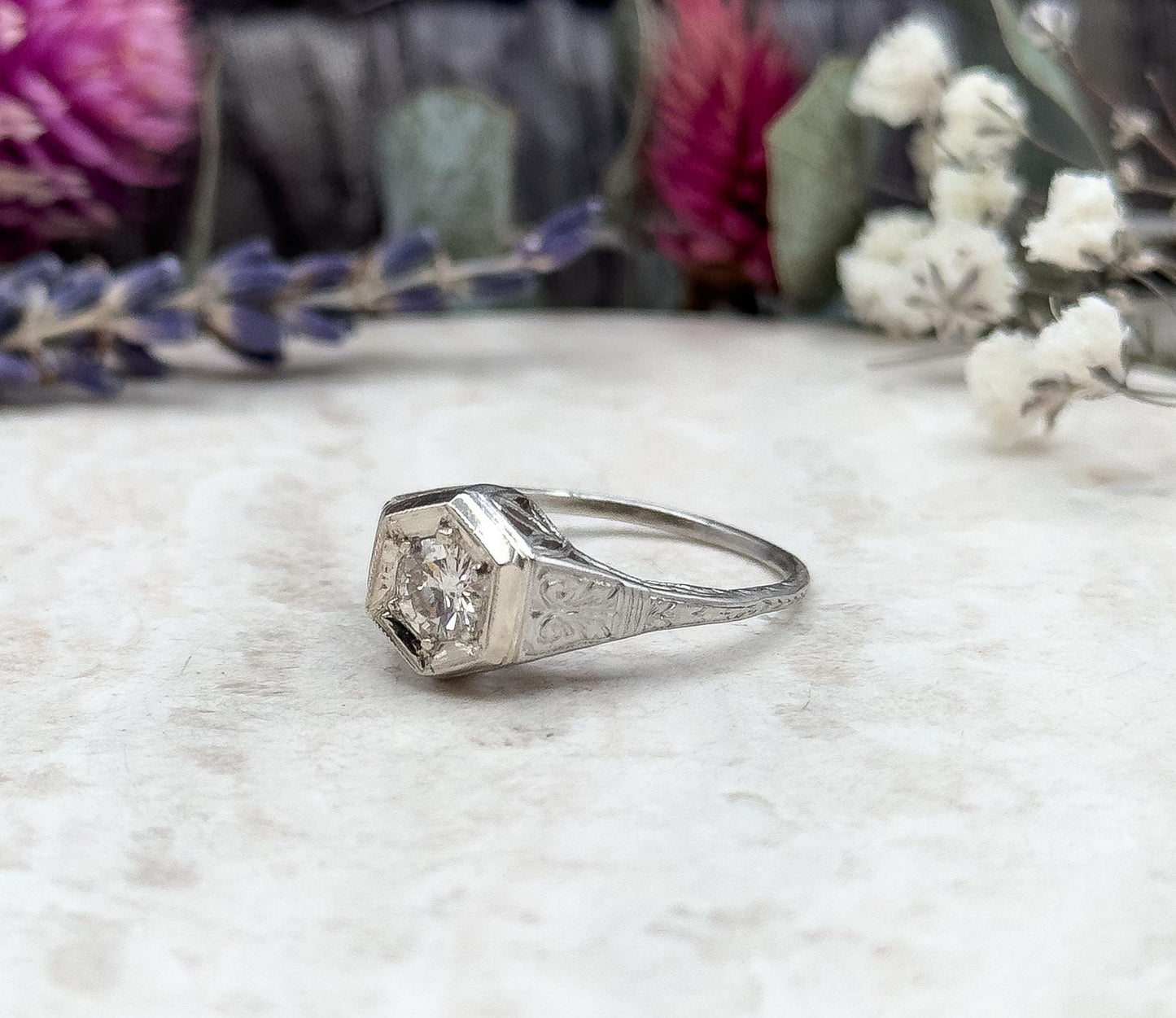 Art Deco Platinum Diamond Ring Filigree Hexagon Setting 1920s Engagement Ring Half Carat Round Brilliant Size 6.75 Vintage Bridal