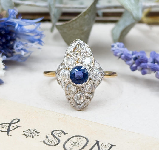 Antique Edwardian Sapphire & Diamond Navette Ring in Two Tone 18K Gold