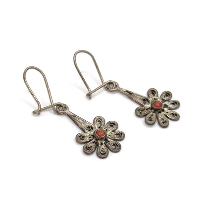 Vintage Flower Filigree Drop Earrings with Red Coral cabochon stamped 800 Silver