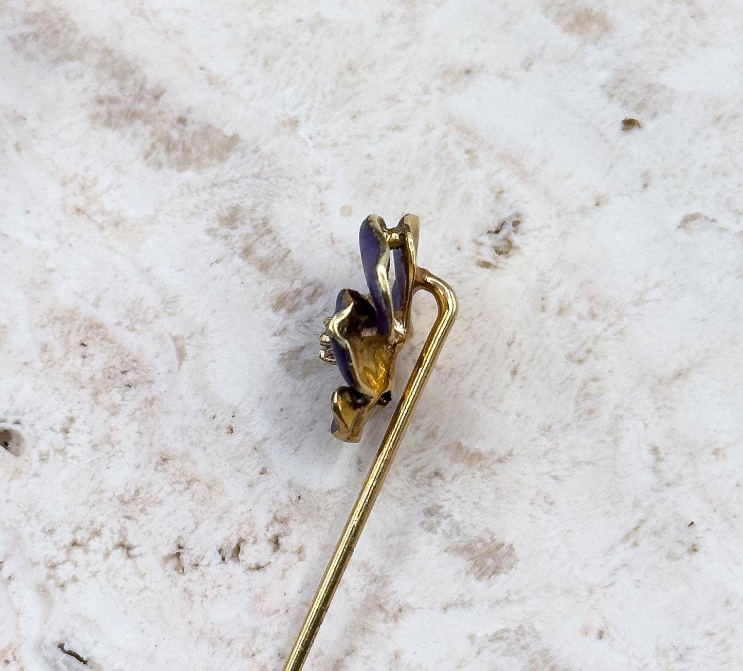 Victorian Pansy Stickpin with Antique Diamond in 14K Yellow Gold Purple Enamel