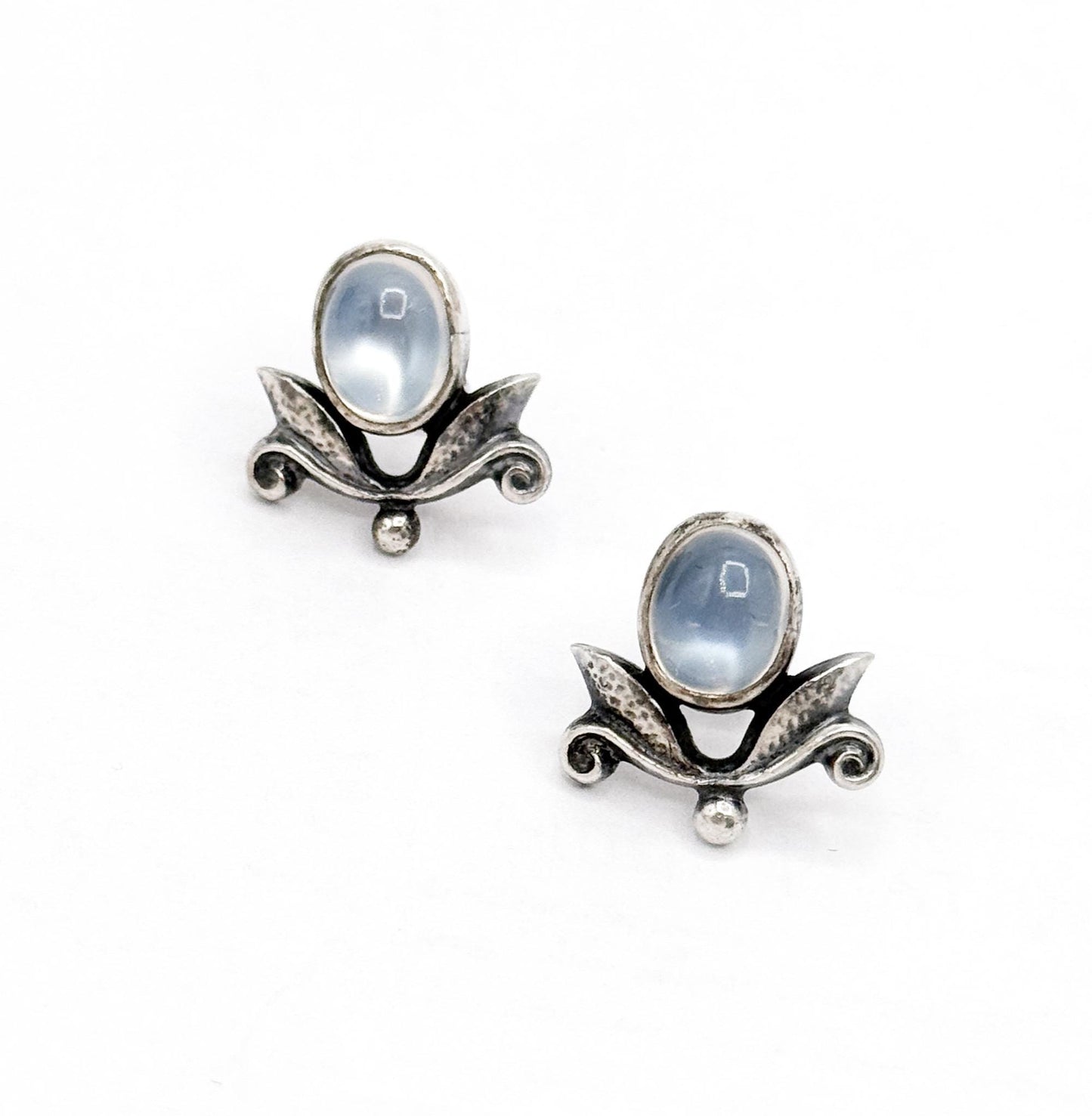 Vintage Art Nouveau Moonstone Stud Earrings: Silver Foliate Floral Design