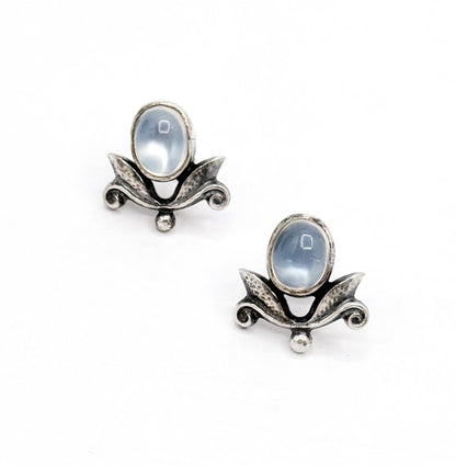 Vintage Art Nouveau Moonstone Stud Earrings: Silver Foliate Floral Design