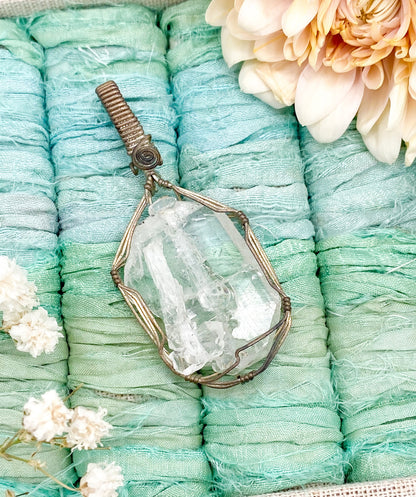 Vintage wire wrapped raw quartz crystal pendant handmade