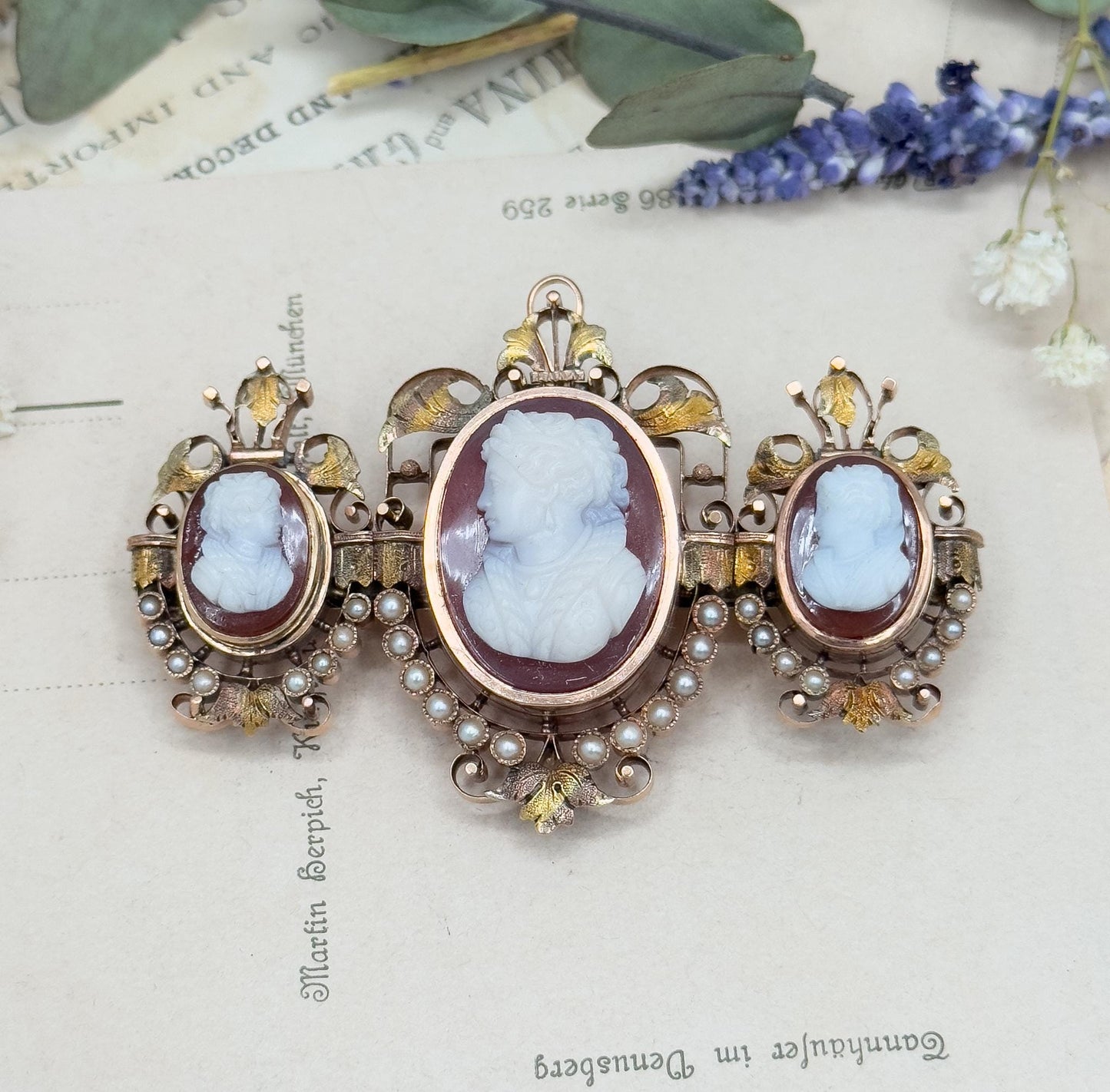 Victorian Cameo Brooch: 12K Rose Gold, Sardonyx, Seed Pearls, Elizabethan Style