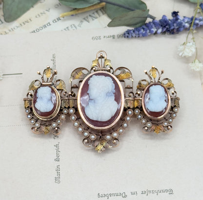Victorian Cameo Brooch: 12K Rose Gold, Sardonyx, Seed Pearls, Elizabethan Style