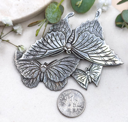 Large Vintage Butterfly Brooch in 950 Silver CPO Three Butterflies