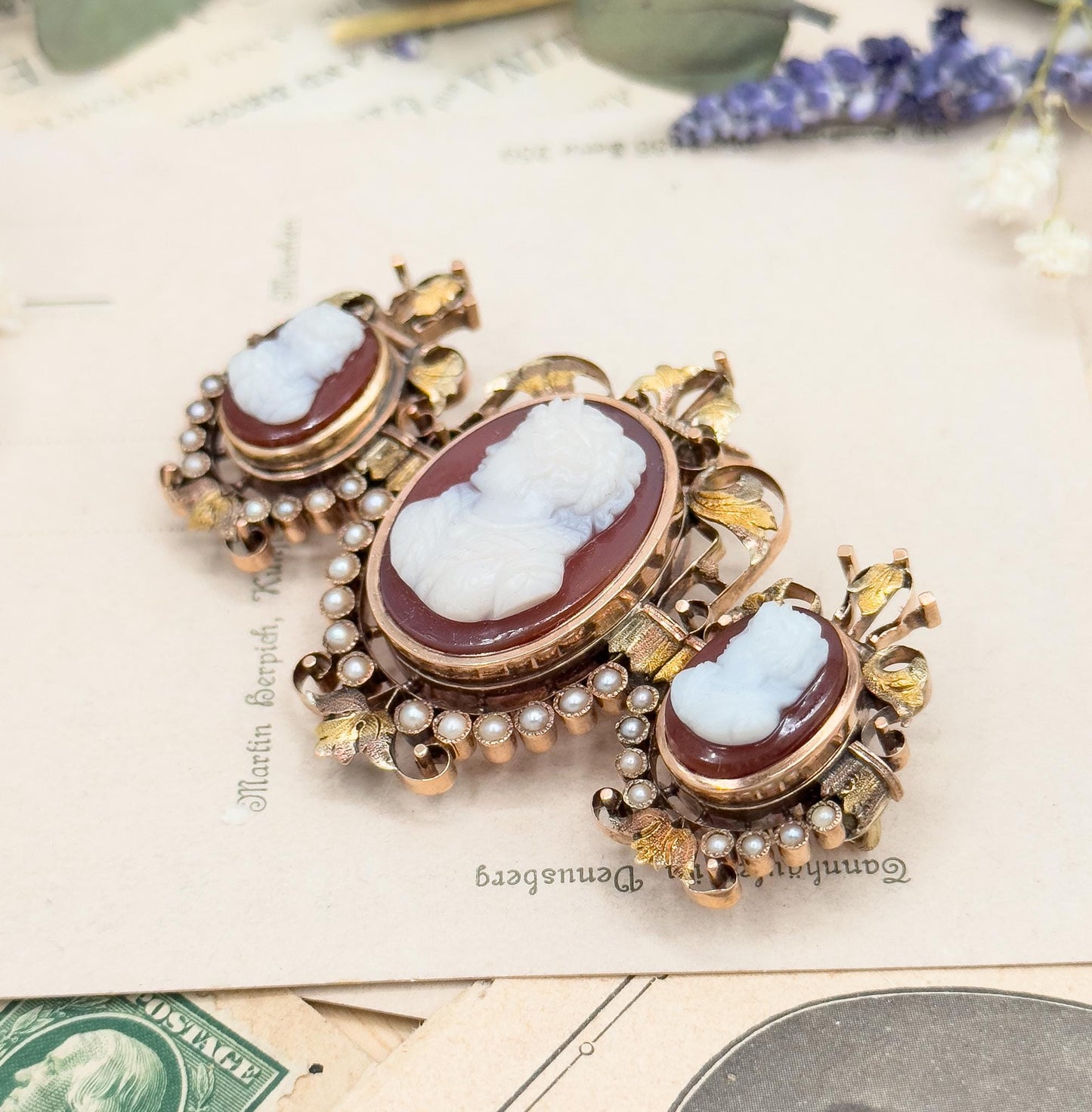 Victorian Cameo Brooch: 12K Rose Gold, Sardonyx, Seed Pearls, Elizabethan Style
